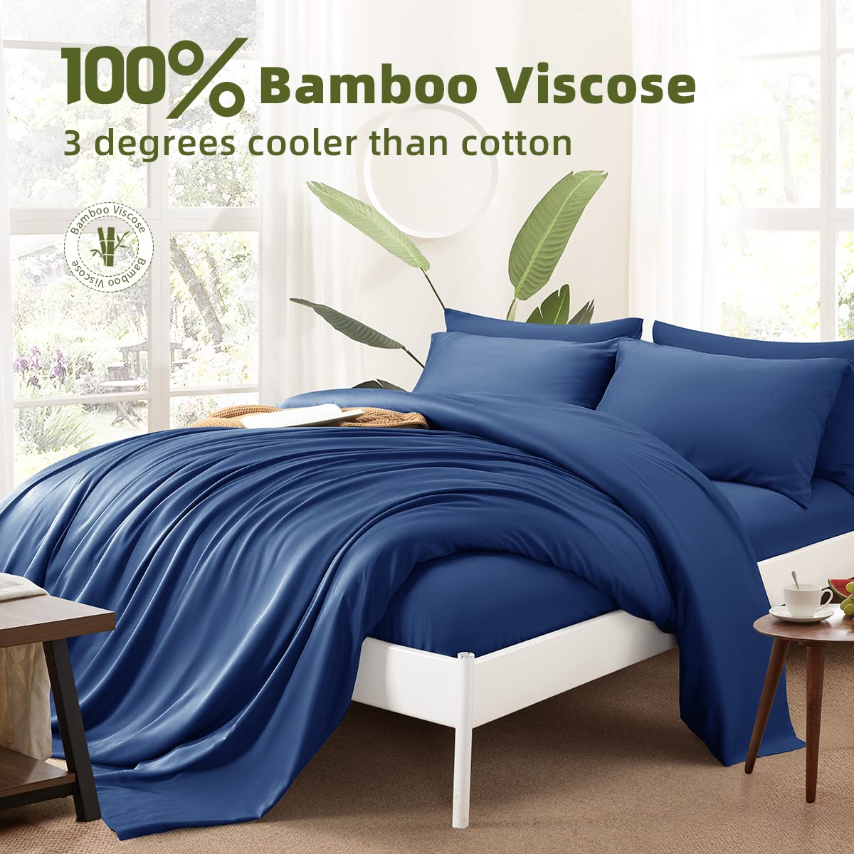 Shilucheng Cool 6Pc 100% Bamboo_ Queen Size Bed Sheets Set 1800 Thread Count 16 Inch Deep Pockets Eco Friendly Soft Comforterble Wrinkle Fade And Hypoallergenic (Queen,Navy Blue)